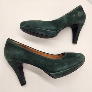 Clarks pumps 7M women's green suede Indigo dress shoes heels platform classic